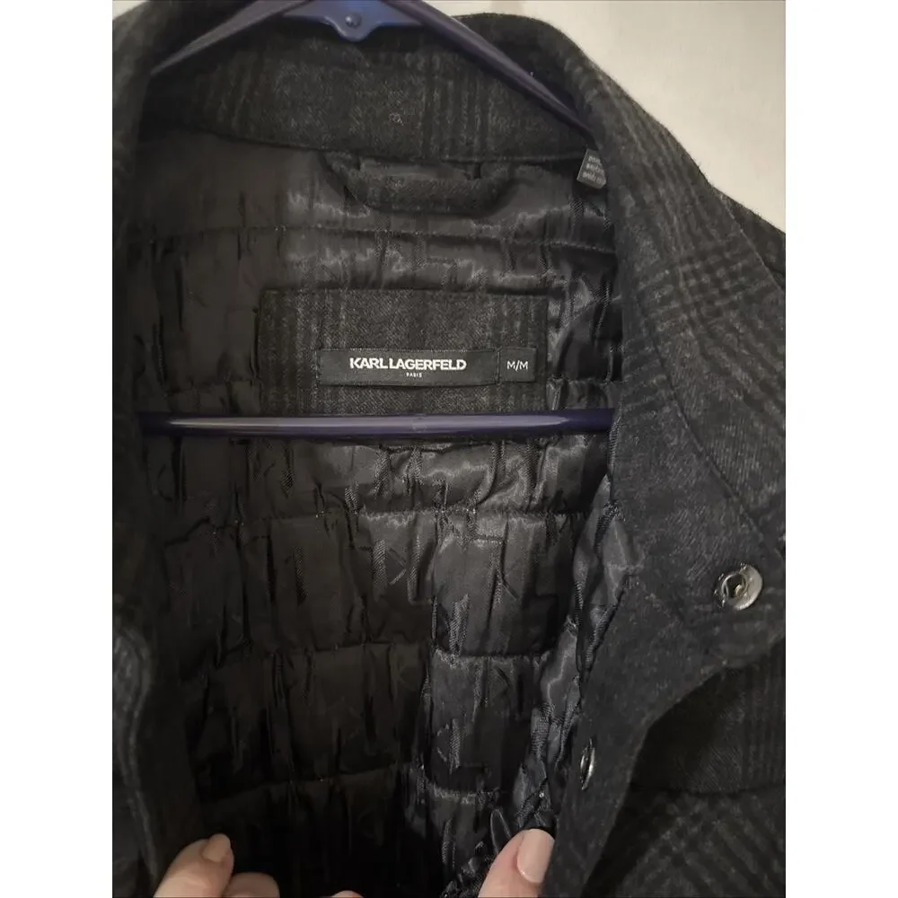Karl Lagerfeld Paris Men Plaid Snap Up Shirt Jacket Black Grey Medium